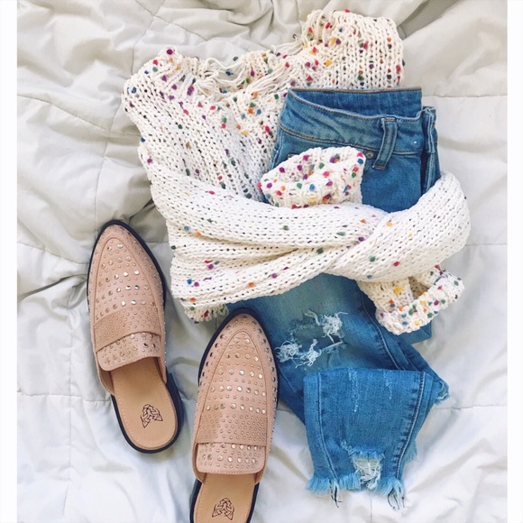 Vegan Suede Studded Flat Mules, Camel Beige Nude - Picture 4 of 4